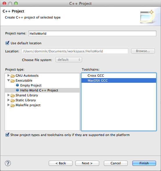 Eclipse CDT Mac OS X create new C++ project