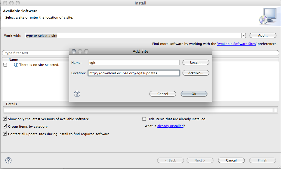 Add EGit download site to Eclipse